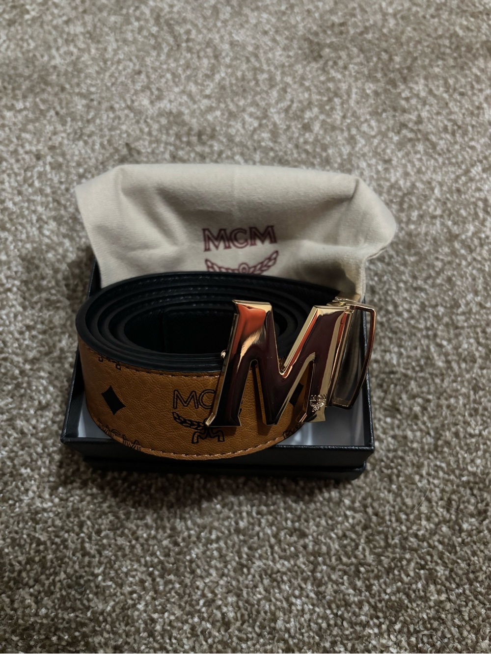 MCM Cognac Visetos Strap Belt with Gold M Buckle